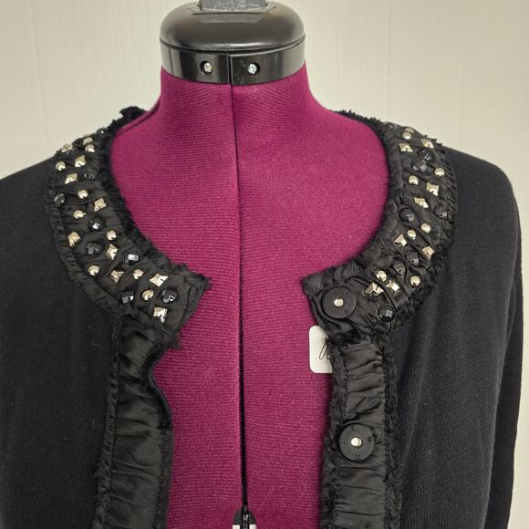 Women's Rafaella Black Beaded Collar 3/4 Sleeve Snap Close Cardigan - Size Large - Picture 3 of 8